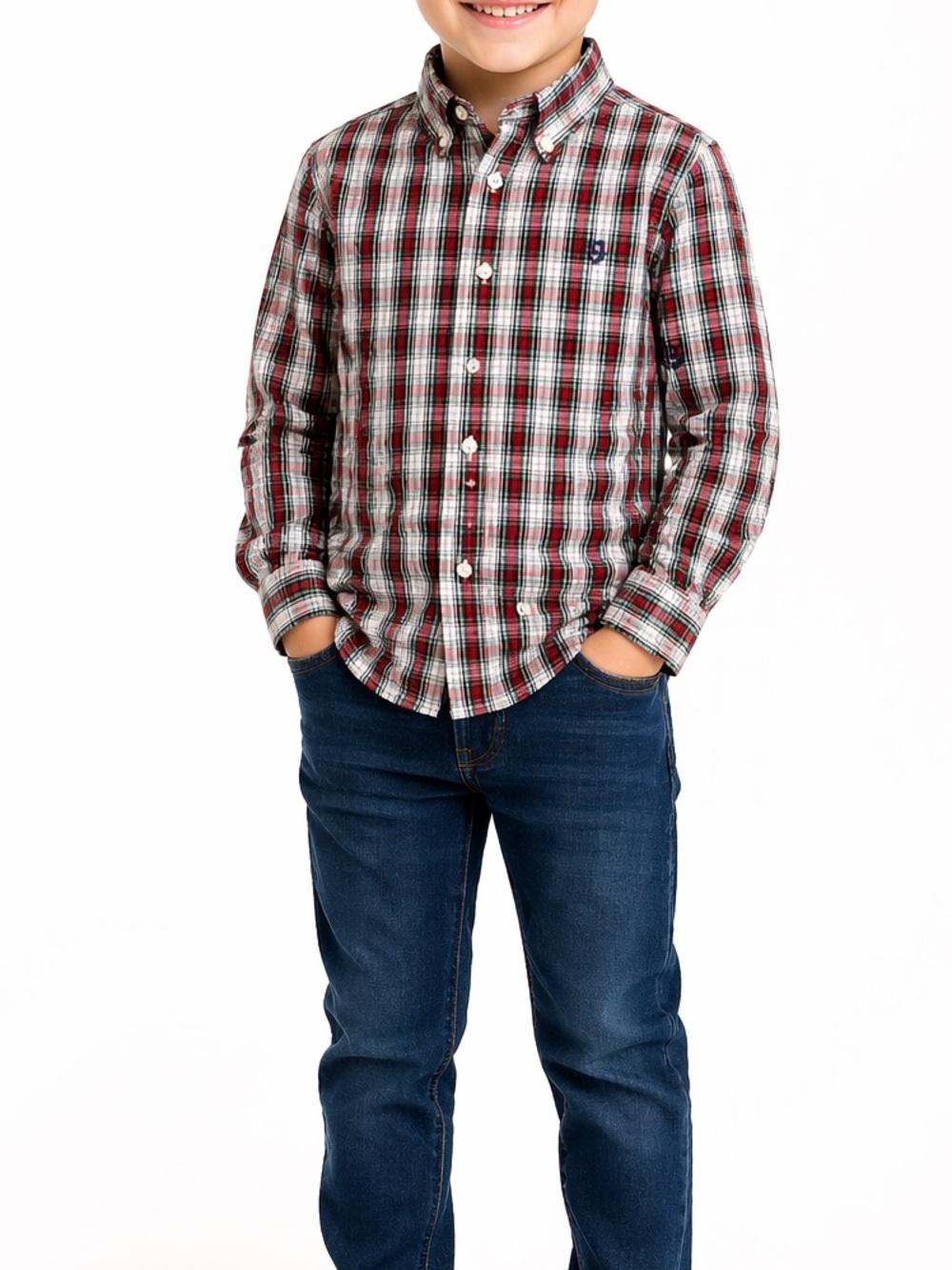 Chaps Easy Care Boys Red Green Plaid Button Down Long Sleeve Preppy Academia Top